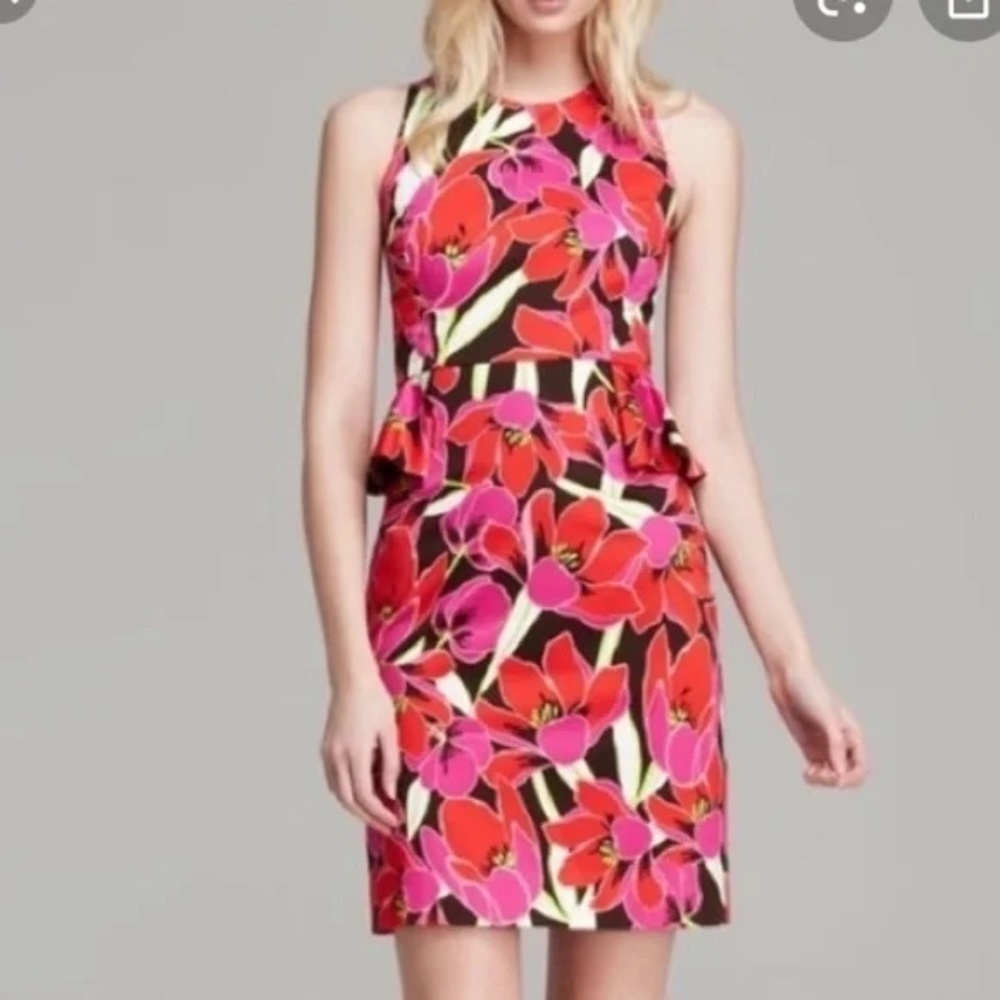 Like new: $298 KATE SPADE Peplum Cotton Sheath Dress, Red/Pink Floral, Size 4 - Picture 3 of 16